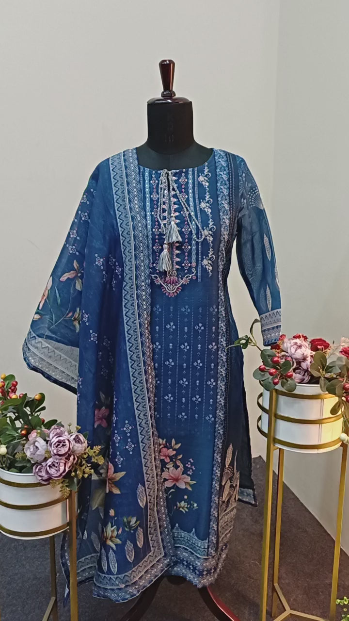 Royal Blue Chanderi Silk Printed Suit Set with Dupatta