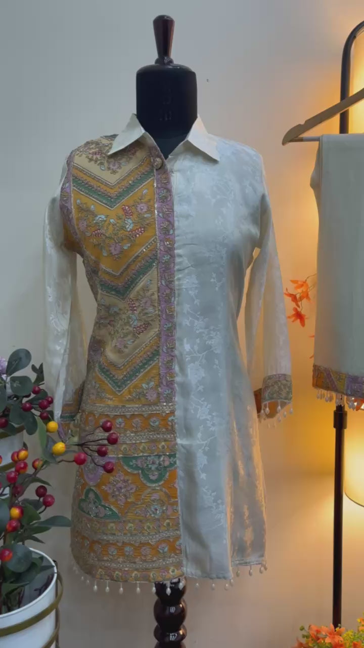 Multicolor Jacquard Silk Printed Co-Ord Set for Women