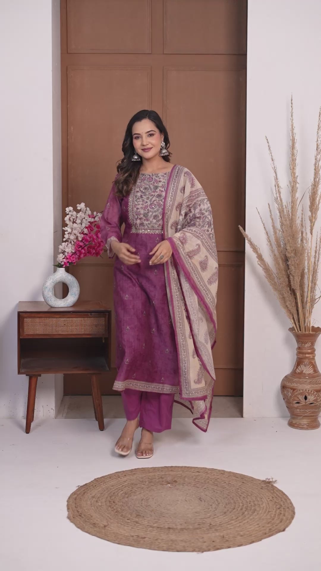 Dusty Plum Chanderi Silk Suit Set with Printed Dupatta