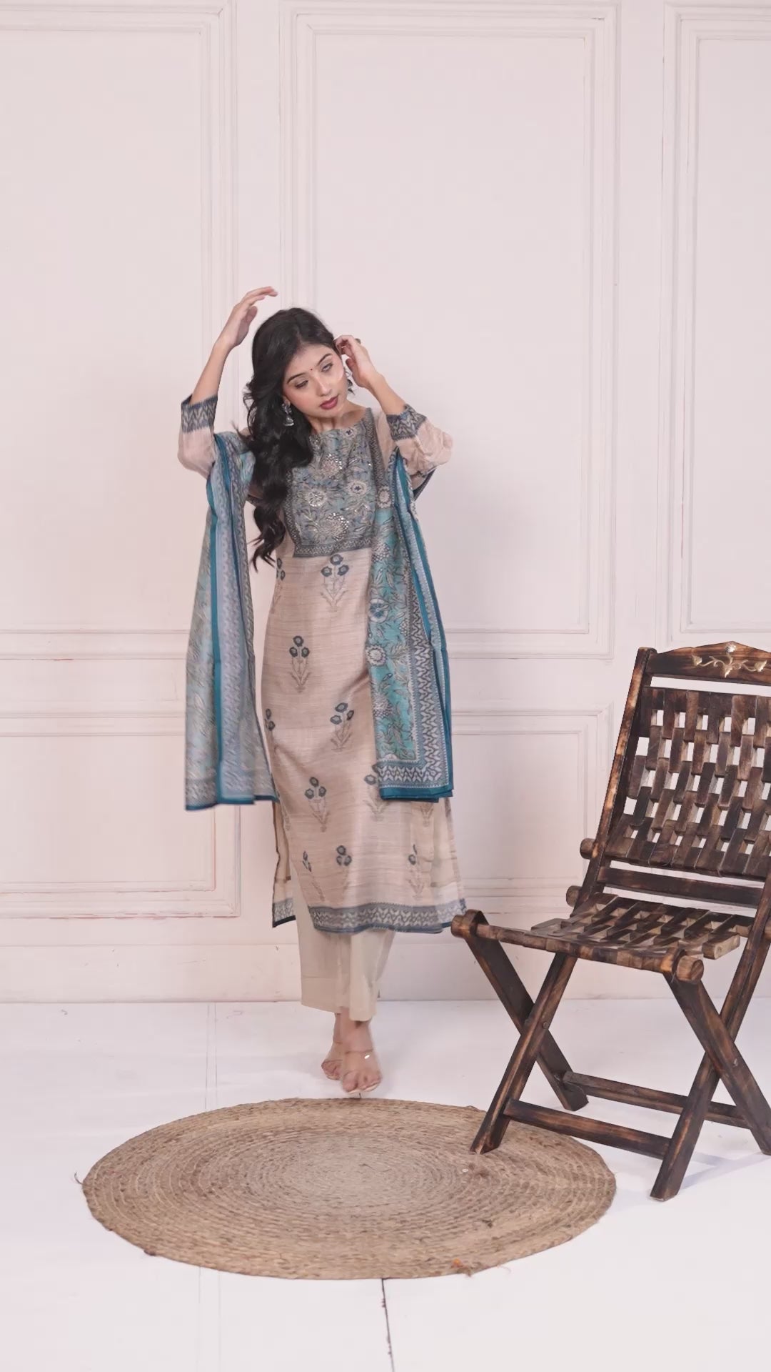 Mink Beige Chanderi Silk Suit Set with Teal Blue Dupatta