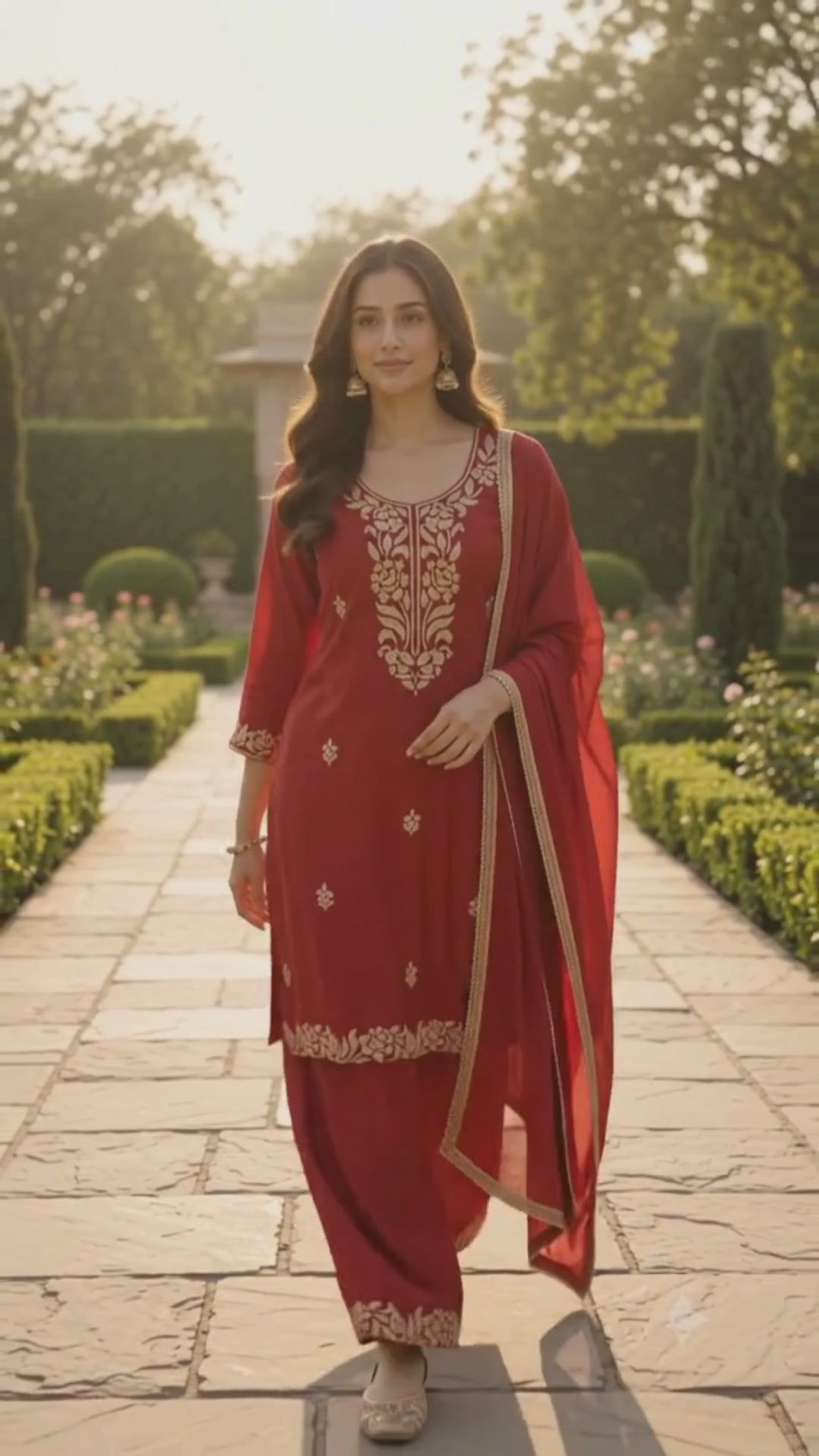 Red Crushed Tissue Embroidered Salwar Kurta Dupatta Set