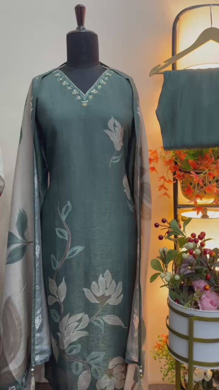 Bottle Green Gucci Silk Printed Salwar Kurta Dupatta Set for Women