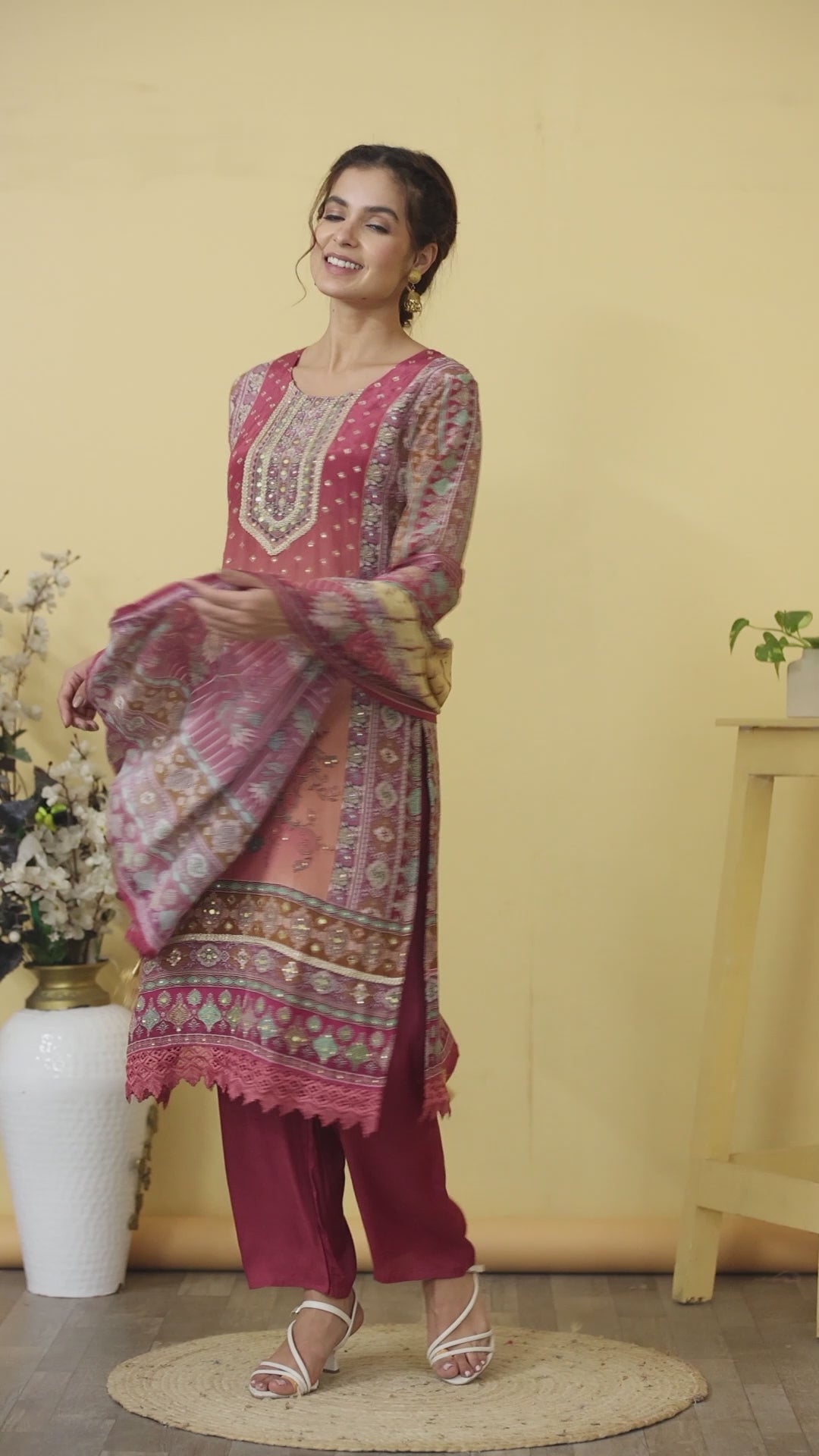 Brick Pink Silk Blend Printed Salwar Kurta Dupatta Set