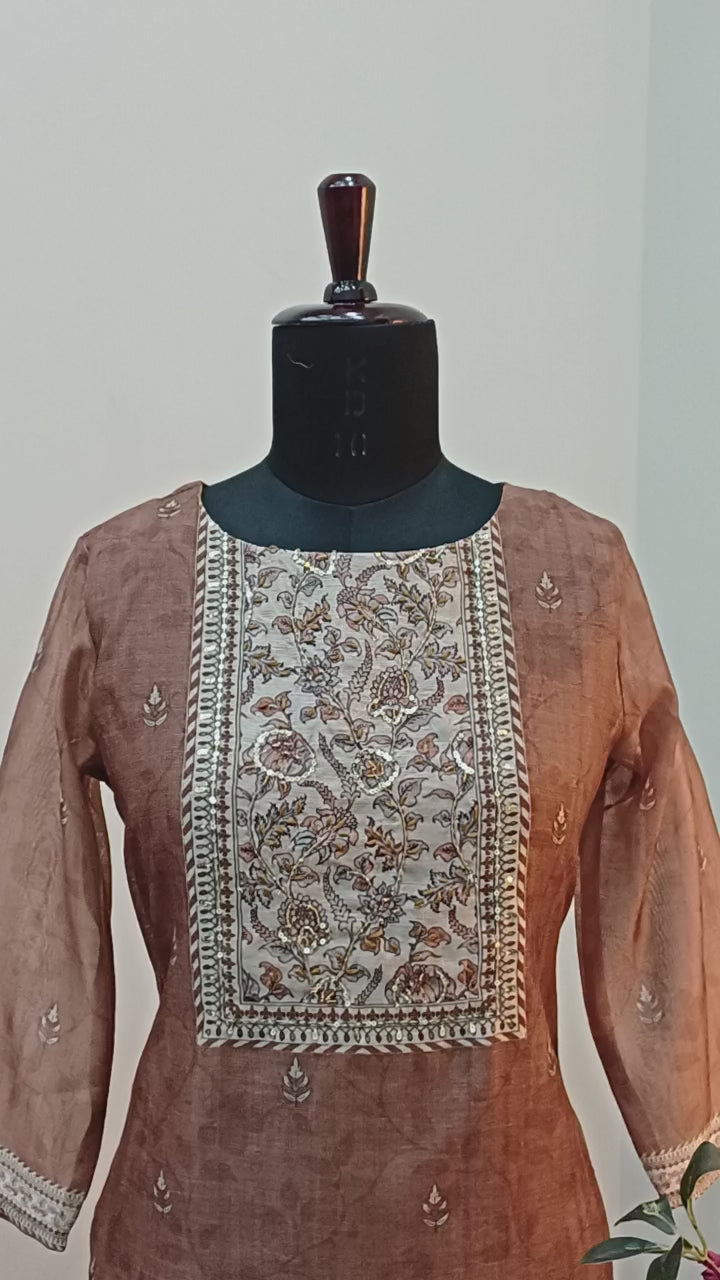 Brown Chanderi Silk Printed Suit Set with Dupatta