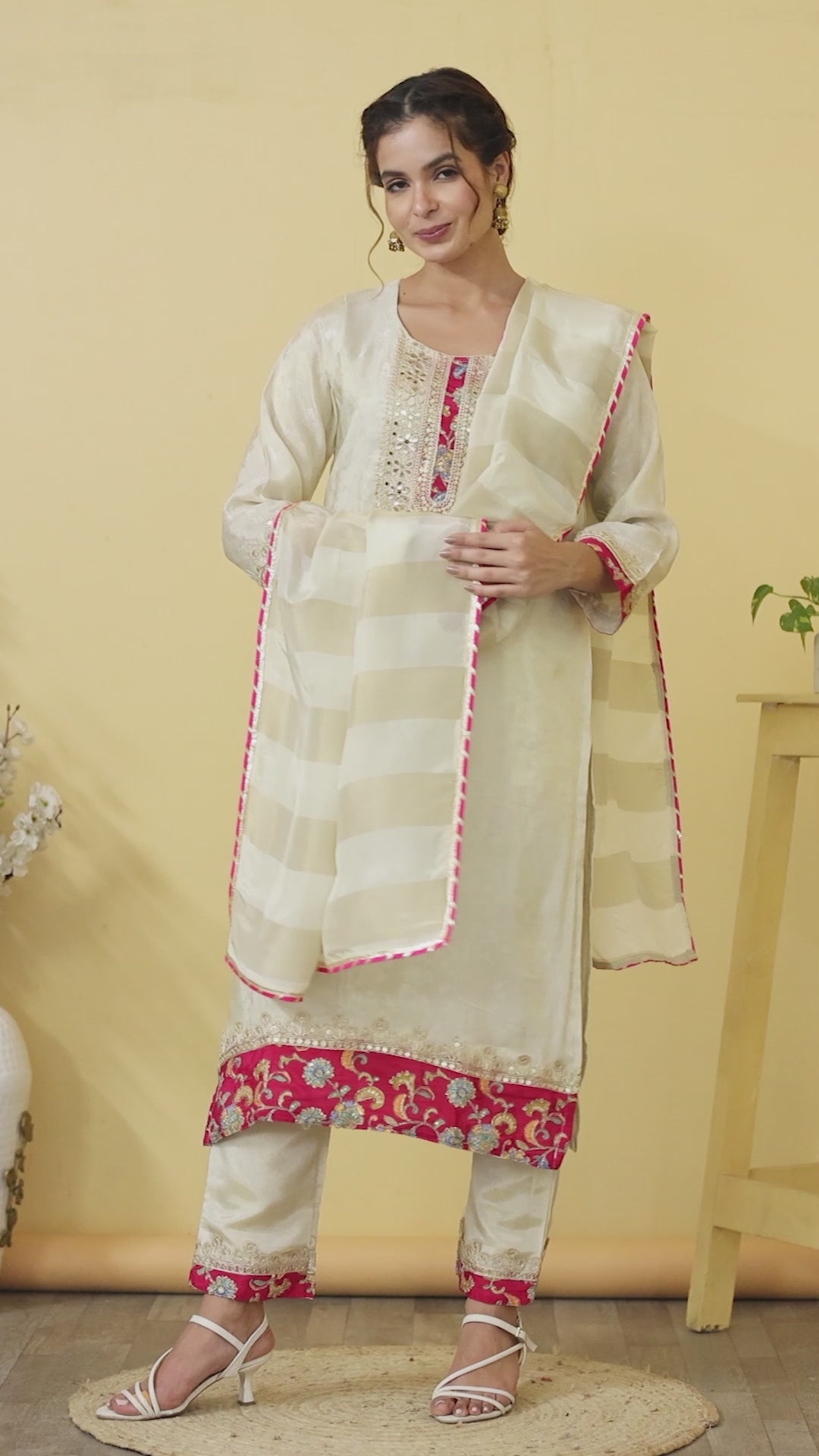 Cream Maslin Embroidered Suit Set with Dupatta