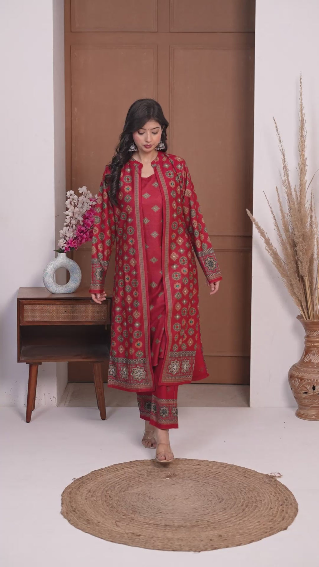 Red Printed Wool Blend Long Jacket Suit Set for Women