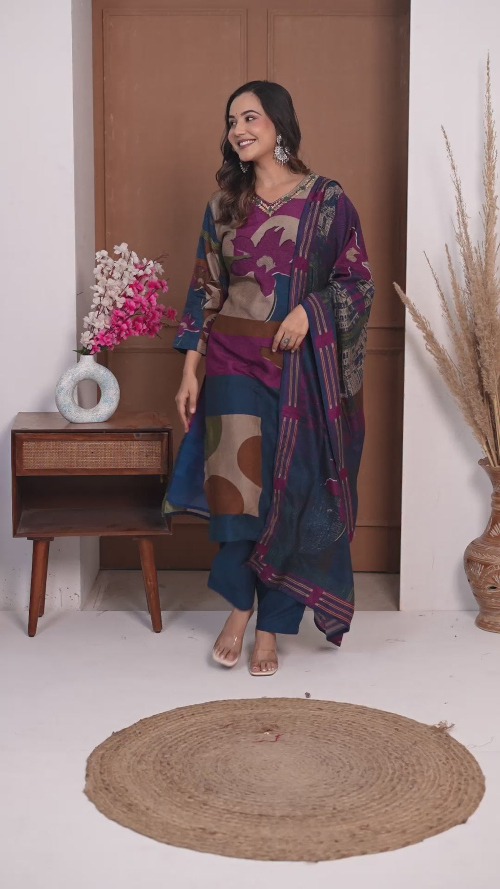 Midnight Blue Viscose Silk Ethnic Suit Set for Women