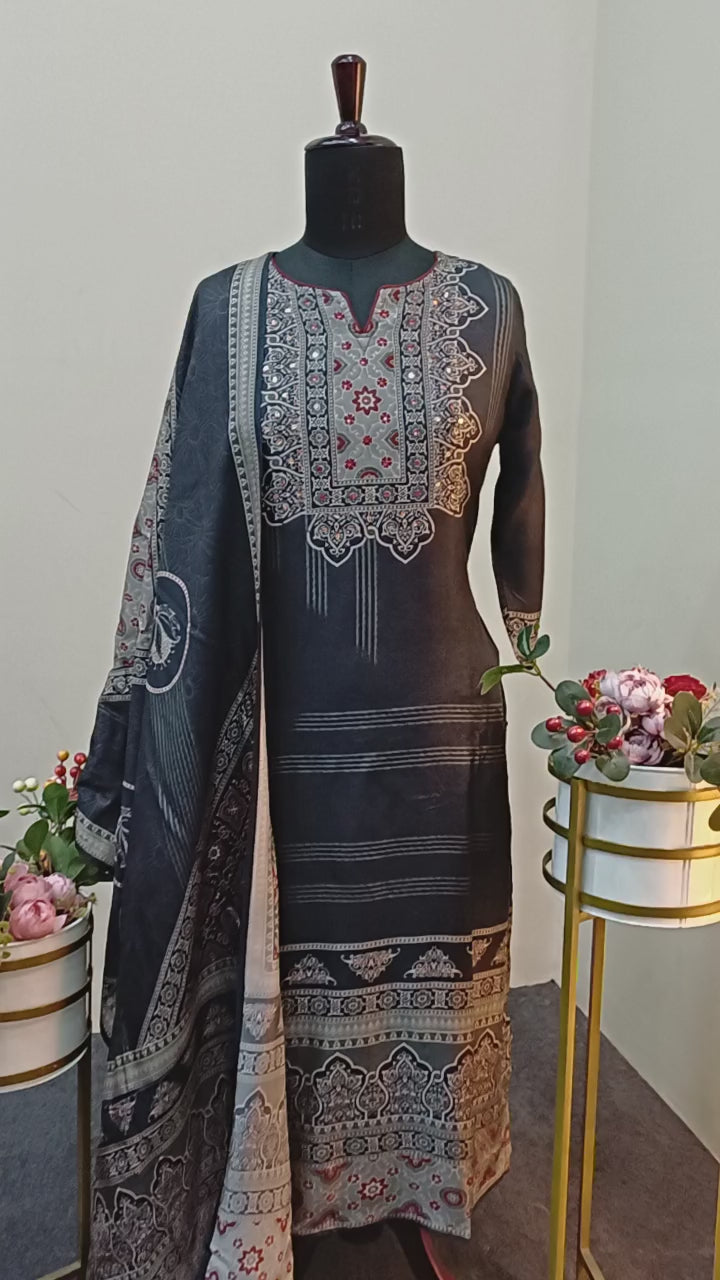Slate Grey Viscose Silk Printed Suit Set with Dupatta