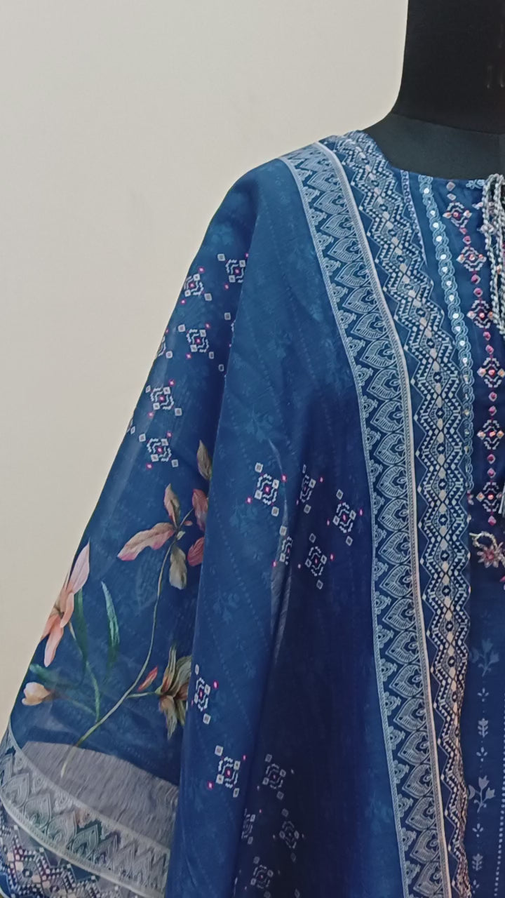 Royal Blue Chanderi Silk Printed Suit Set with Dupatta