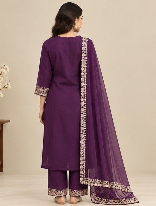 Women’s Burgundy Cotton Embroidered Salwar Kurta Dupatta Set