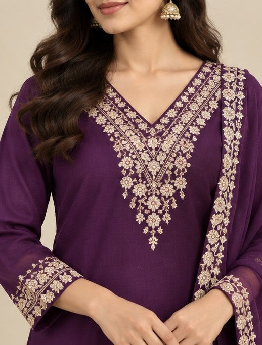 Women’s Burgundy Cotton Embroidered Salwar Kurta Dupatta Set