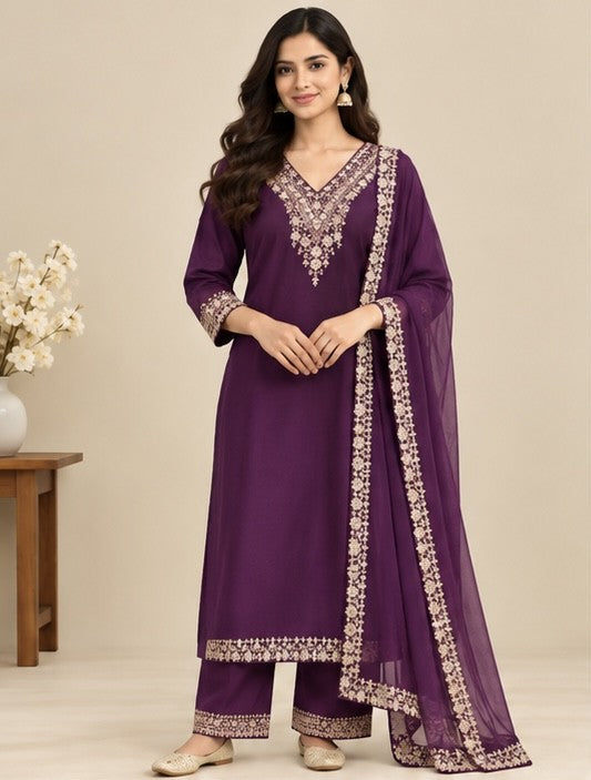 Women’s Burgundy Cotton Embroidered Salwar Kurta Dupatta Set