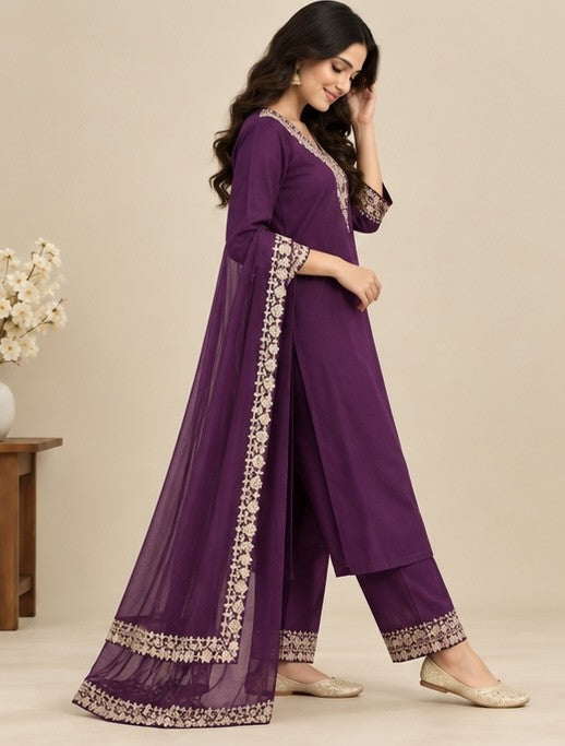 Women’s Burgundy Cotton Embroidered Salwar Kurta Dupatta Set