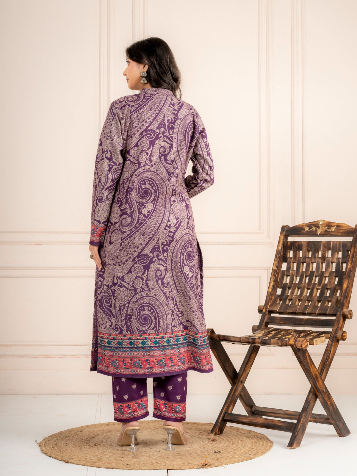 Wine Purple Paisley Printed Wool Blend Suit Set with Dupatta
