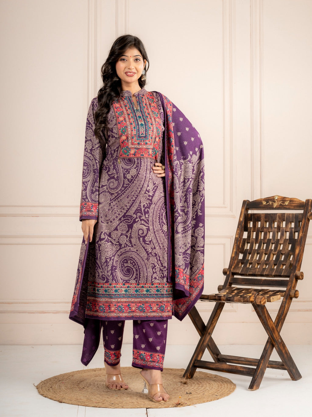 Wine Purple Paisley Printed Wool Blend Suit Set with Dupatta