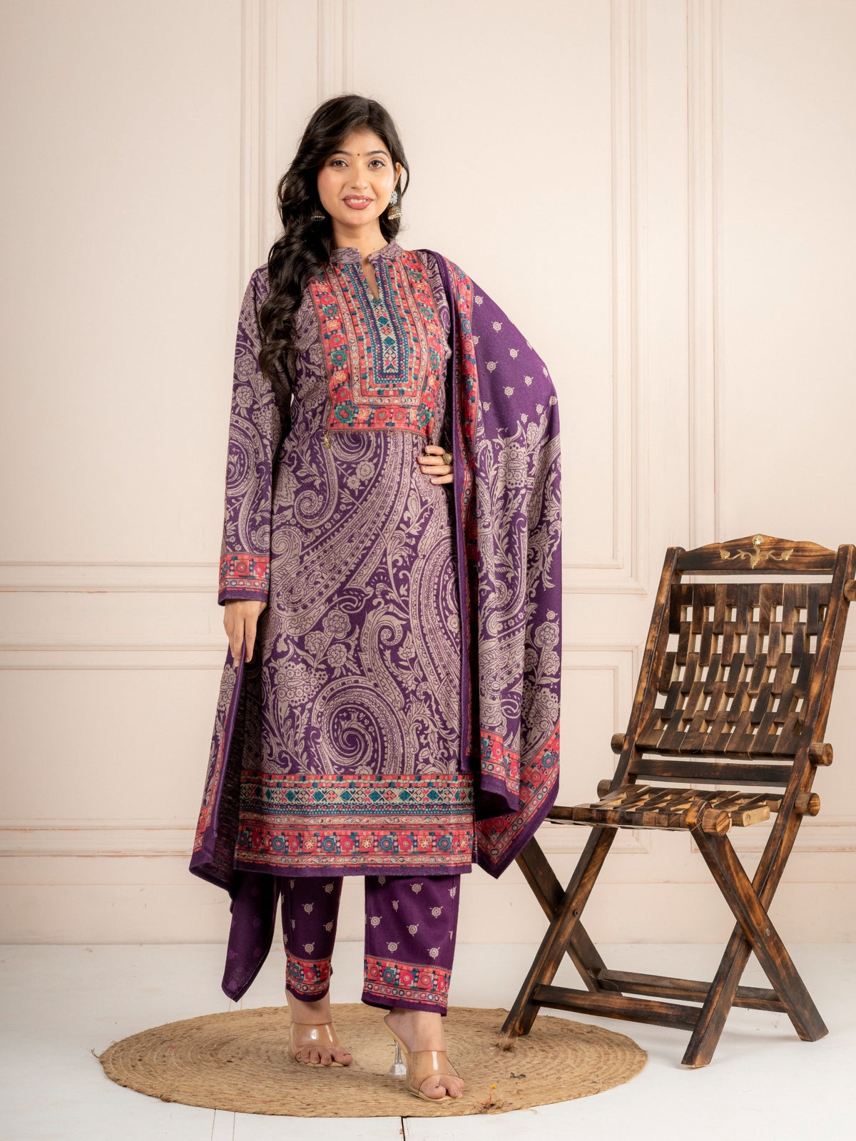 Wine Purple Paisley Printed Wool Blend Suit Set with Dupatta