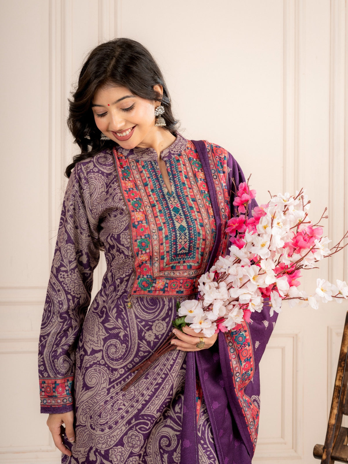 Wine Purple Paisley Printed Wool Blend Suit Set with Dupatta