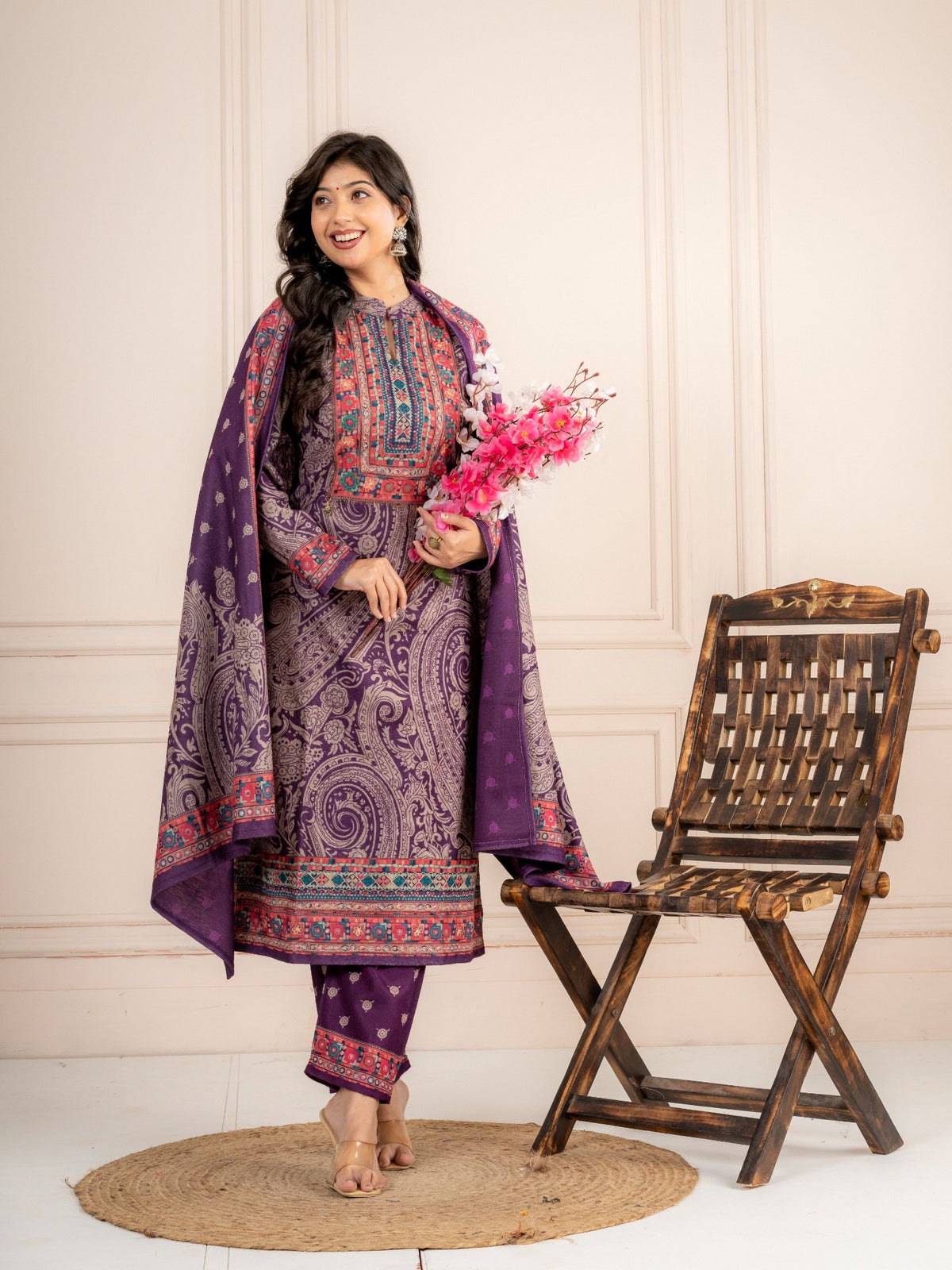 Wine Purple Paisley Printed Wool Blend Suit Set with Dupatta