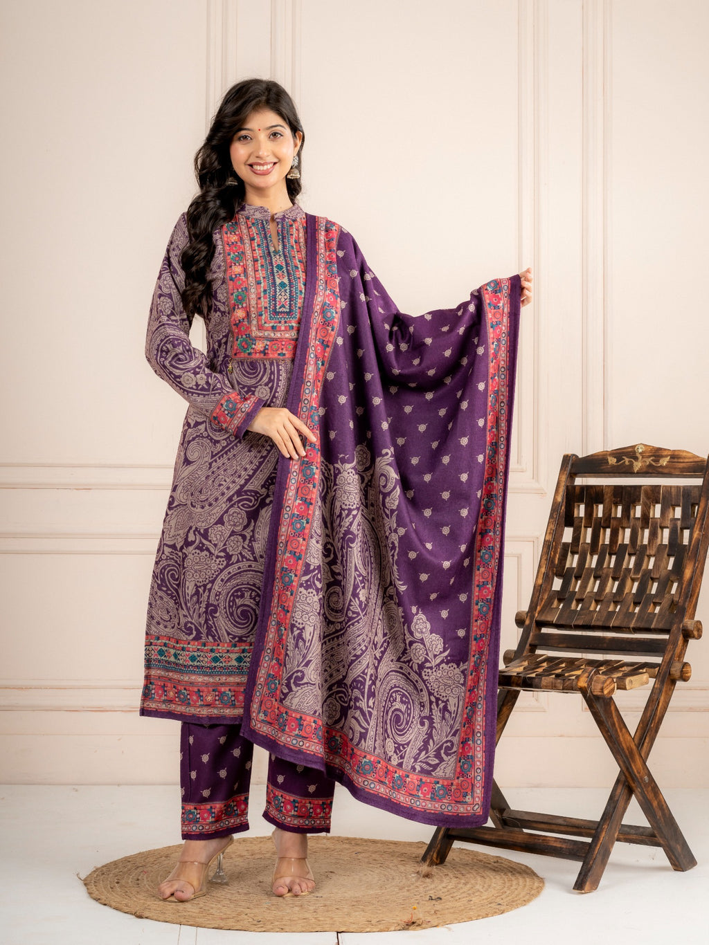 Wine Purple Paisley Printed Wool Blend Suit Set with Dupatta