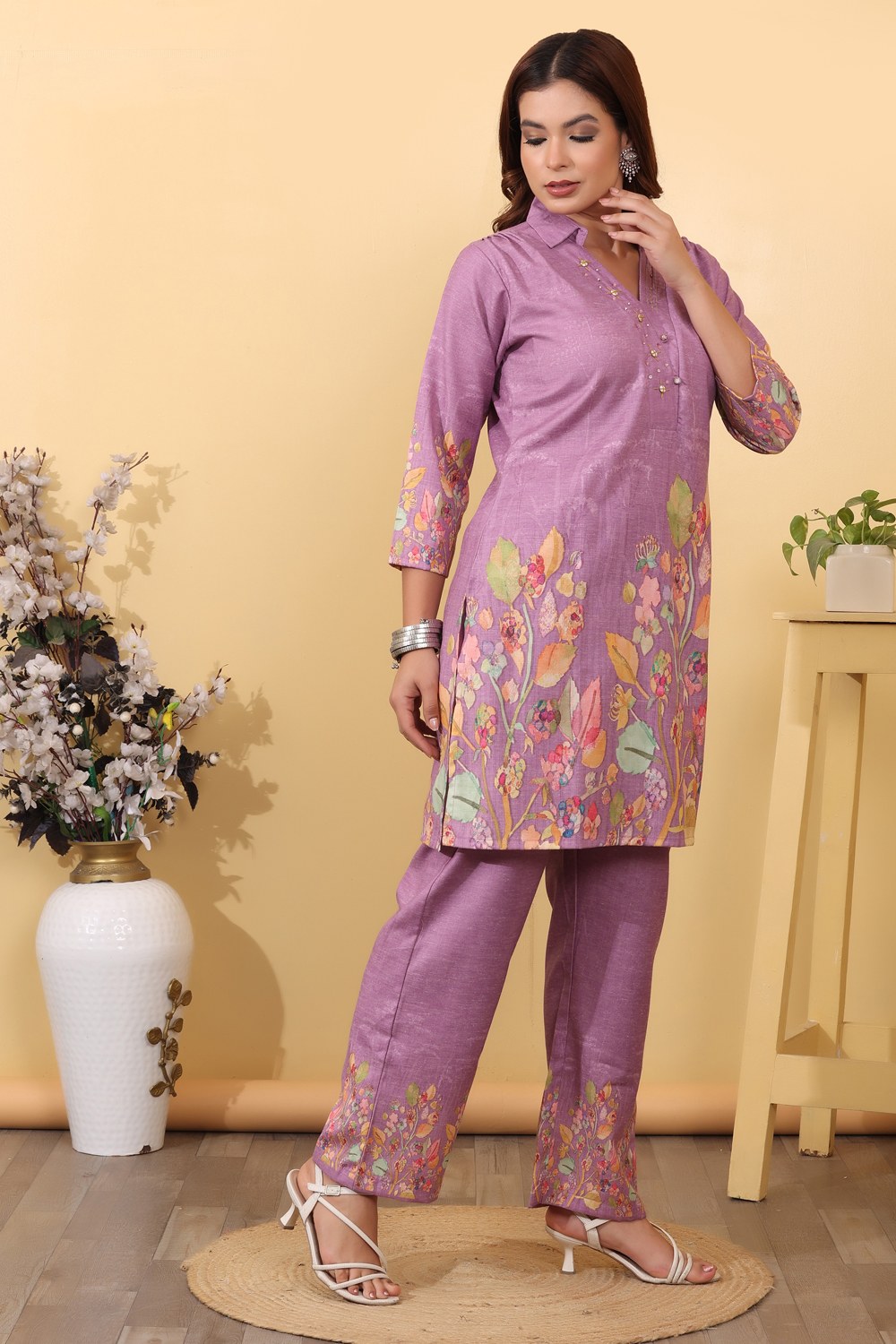Purple Cotton Blend Floral Printed Co-Ord Set