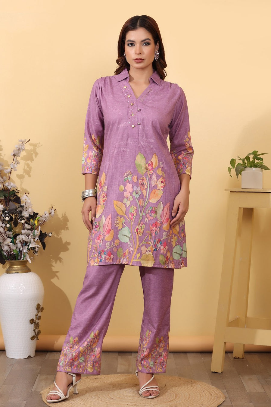 Purple Cotton Blend Floral Printed Co-Ord Set