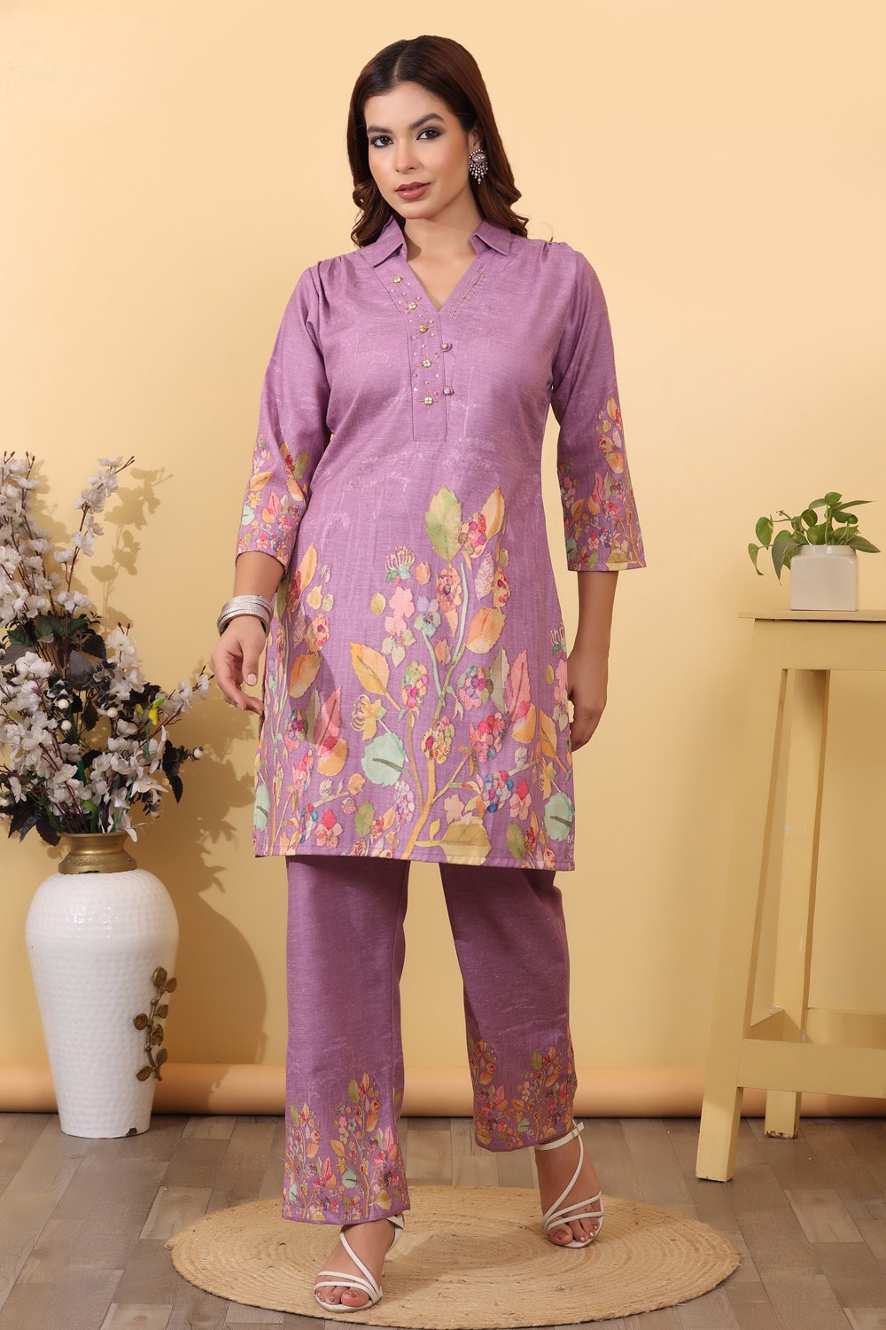 Purple Cotton Blend Floral Printed Co-Ord Set