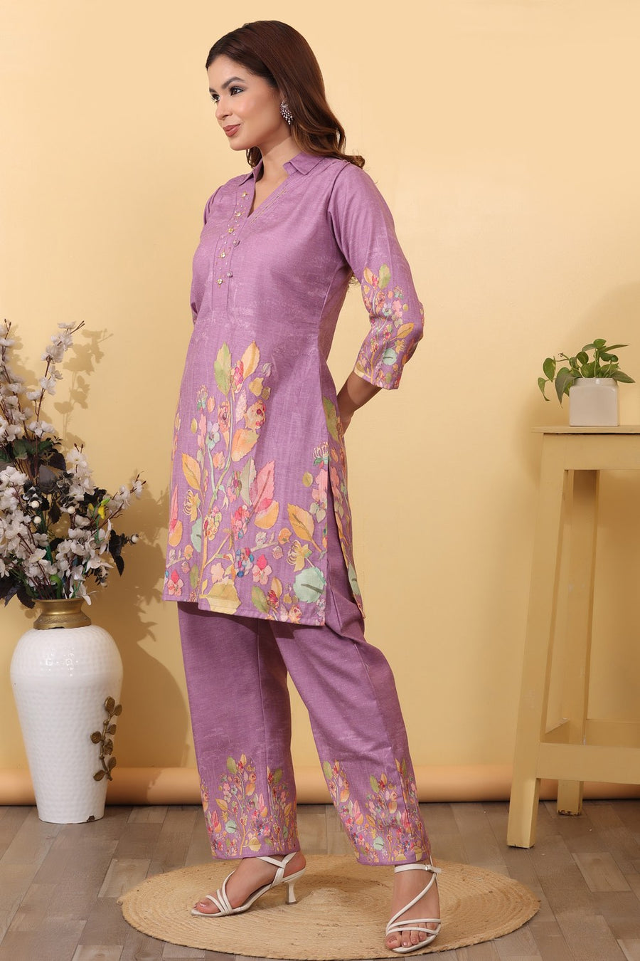 Purple Cotton Blend Floral Printed Co-Ord Set