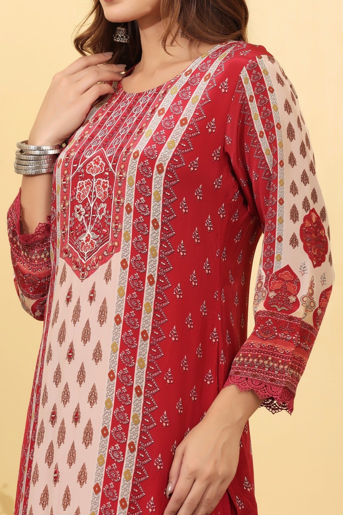 Ruby Pink Printed Silk Blend Straight Suit Set