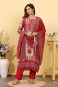 Ruby Pink Printed Silk Blend Straight Suit Set