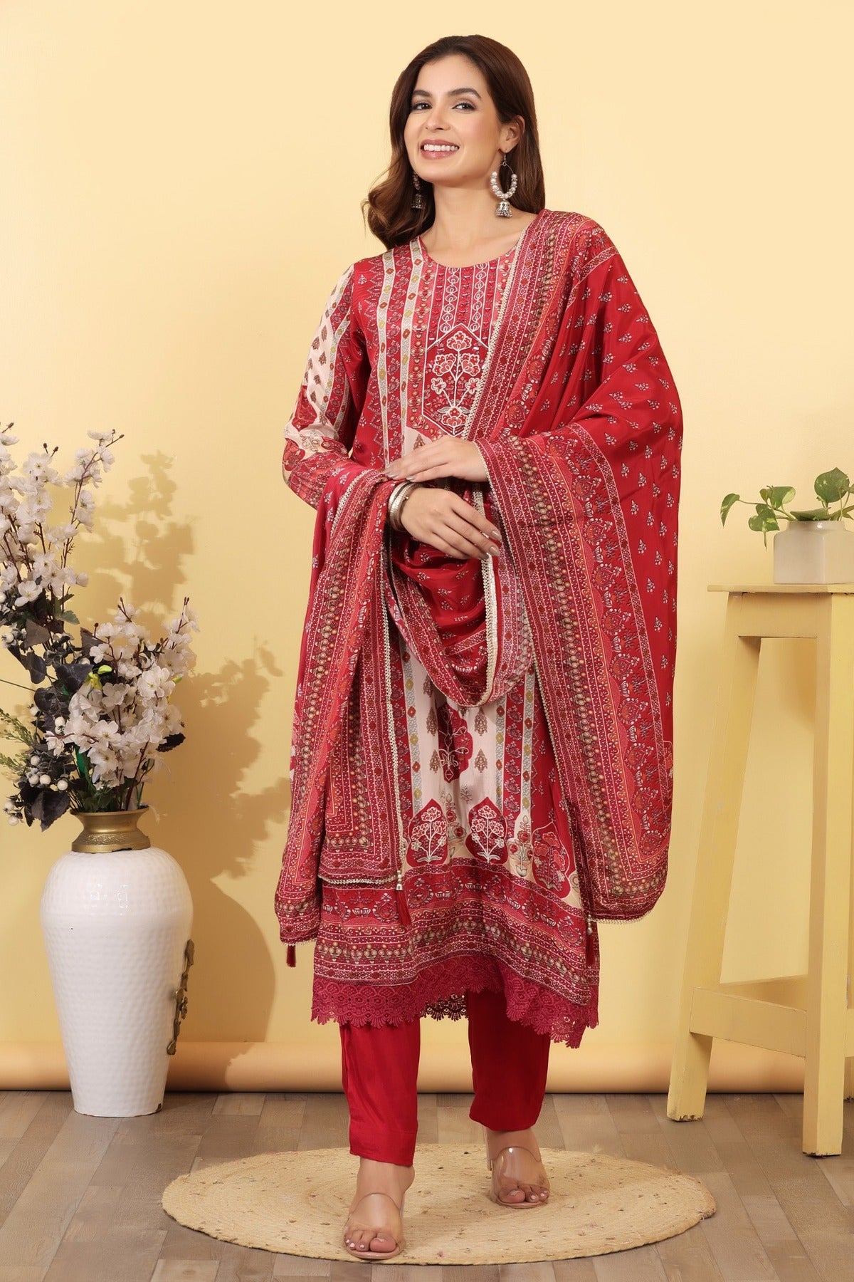Ruby Pink Printed Silk Blend Straight Suit Set