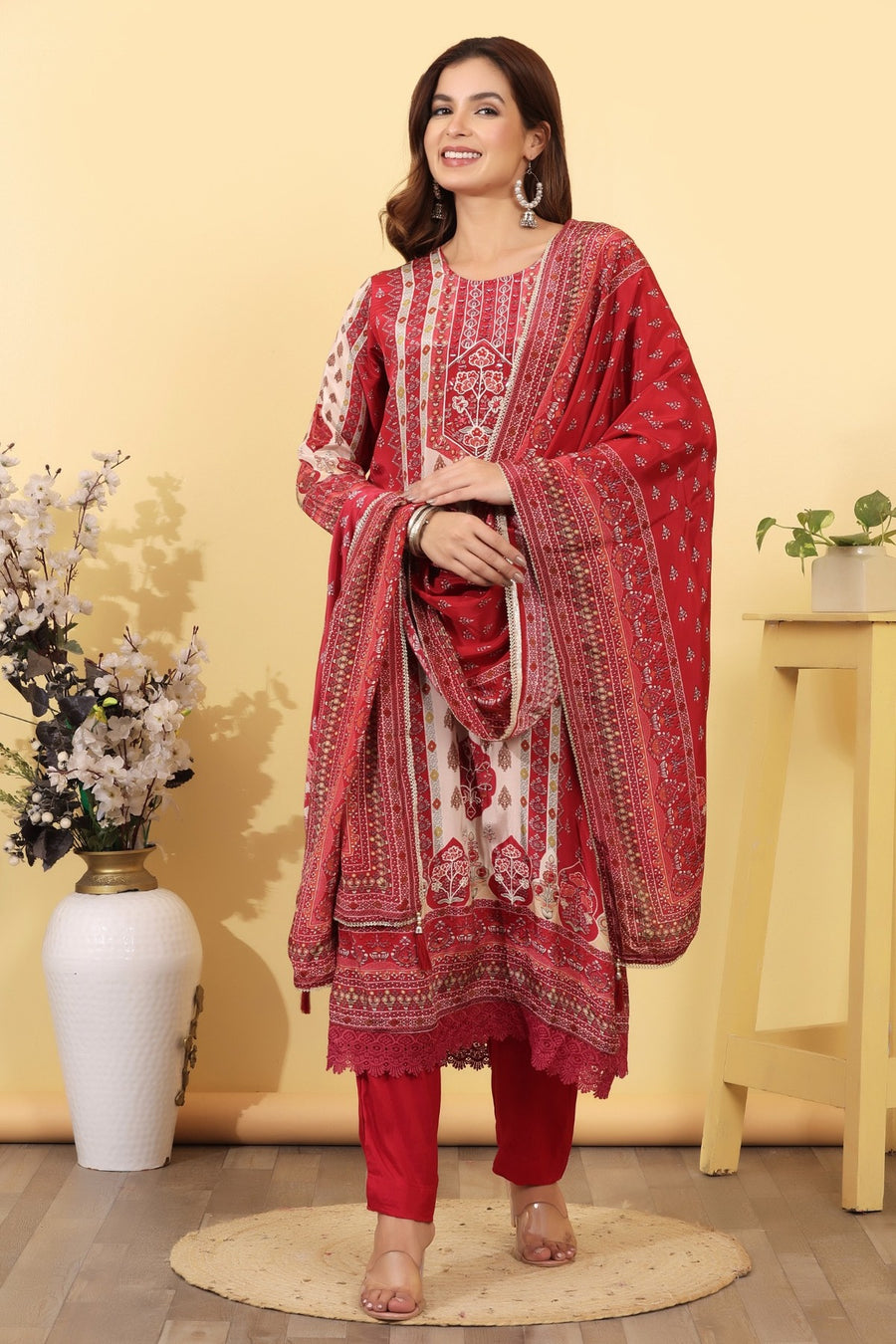 Ruby Pink Printed Silk Blend Straight Suit Set