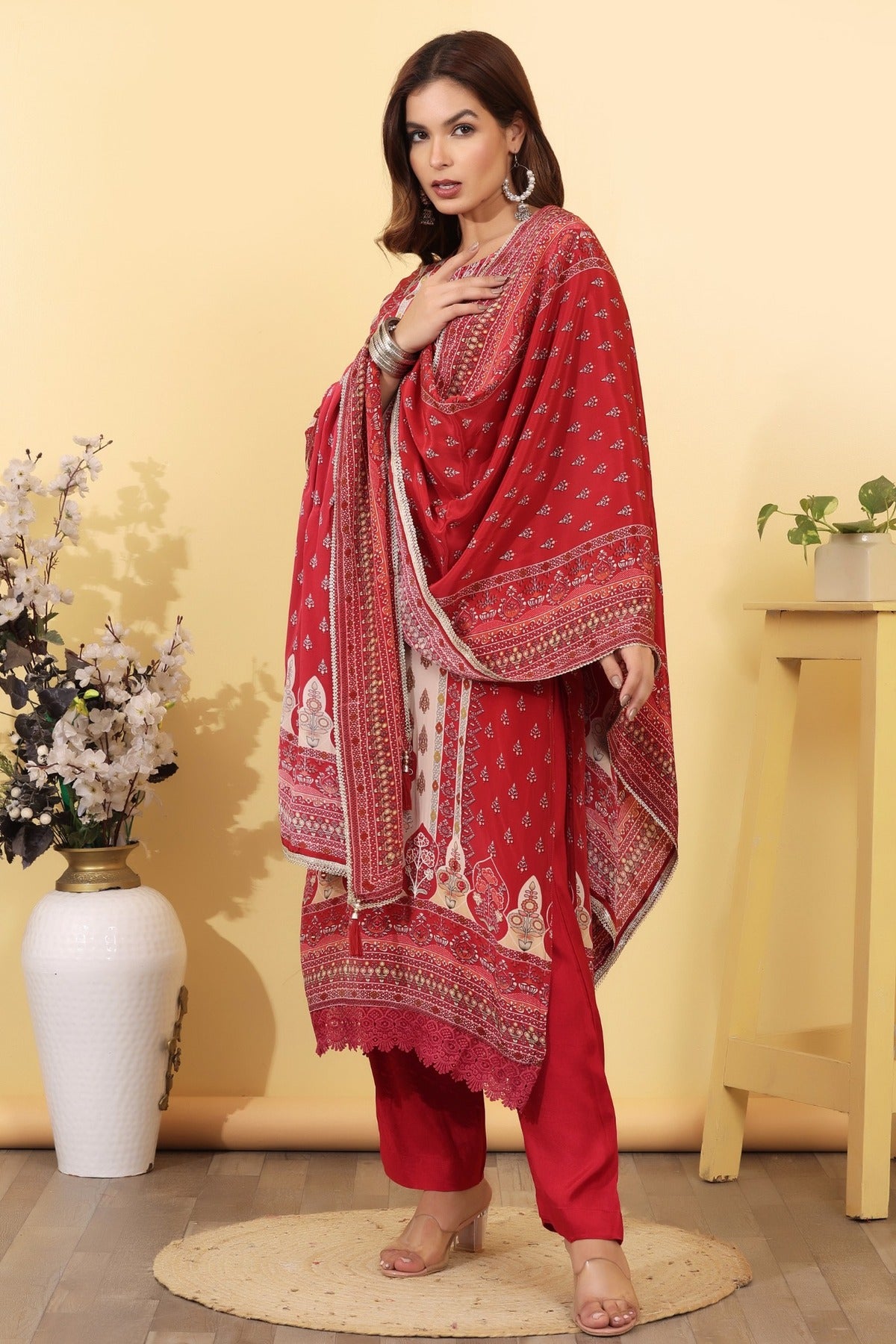 Ruby Pink Printed Silk Blend Straight Suit Set