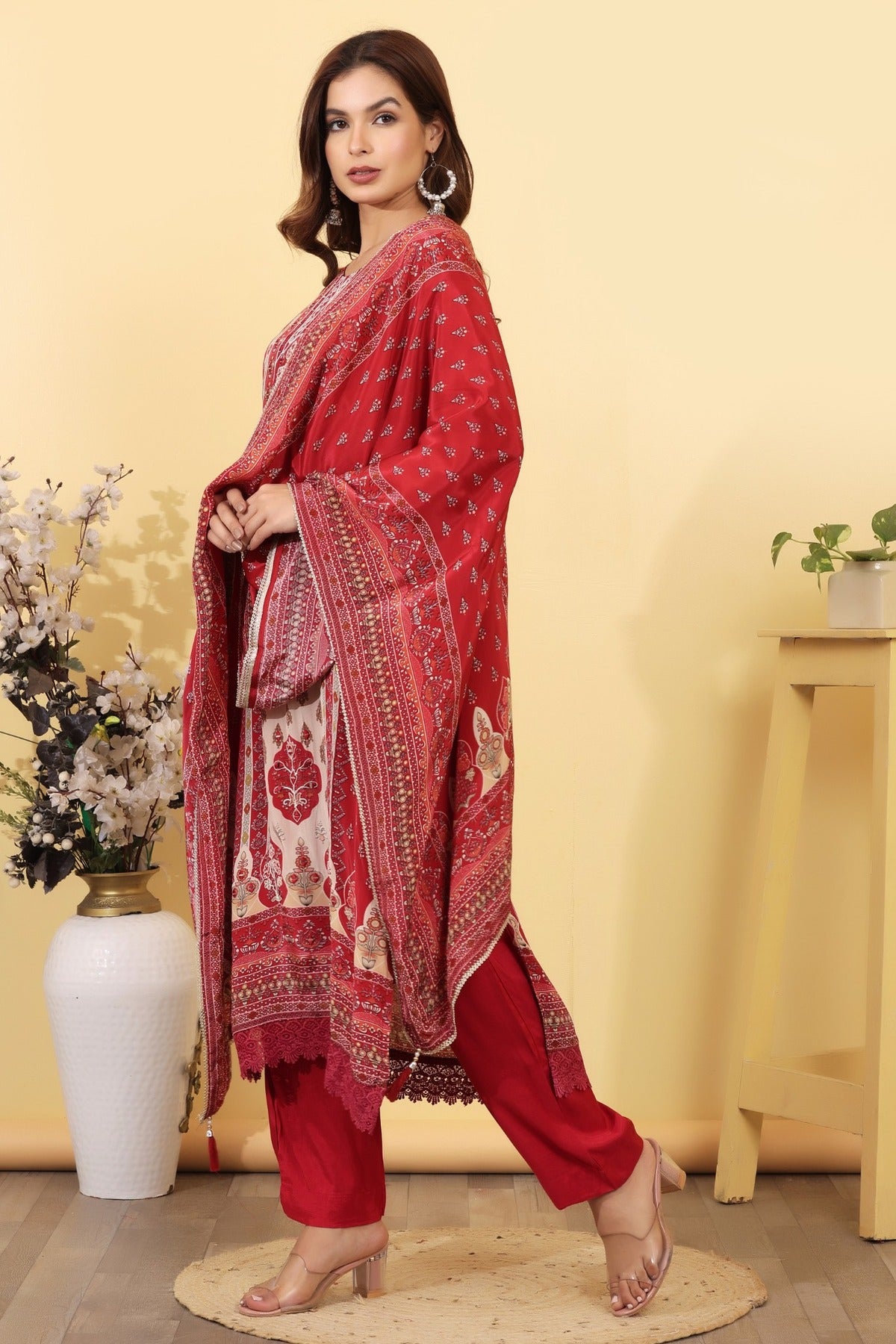 Ruby Pink Printed Silk Blend Straight Suit Set