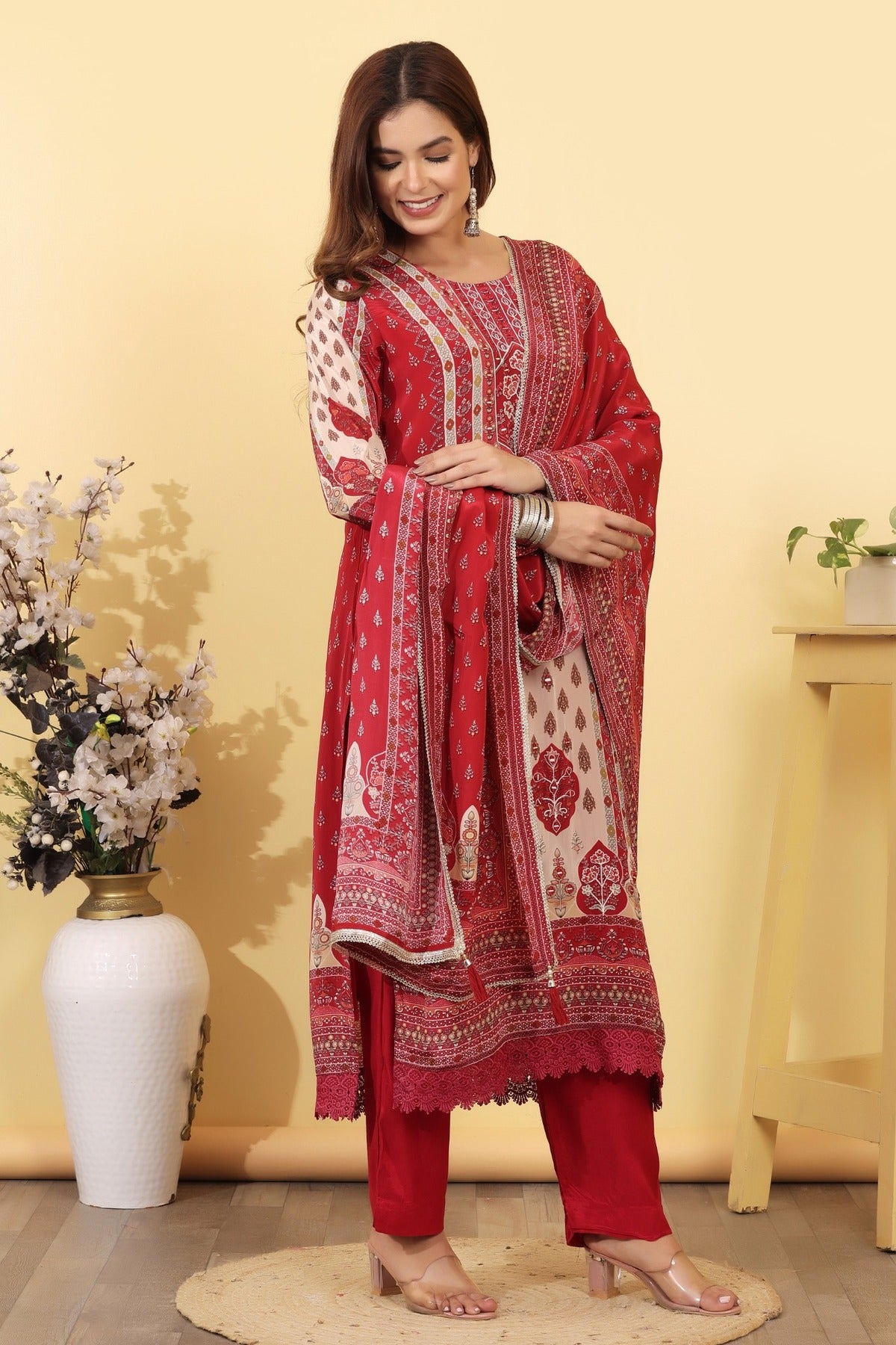 Ruby Pink Printed Silk Blend Straight Suit Set