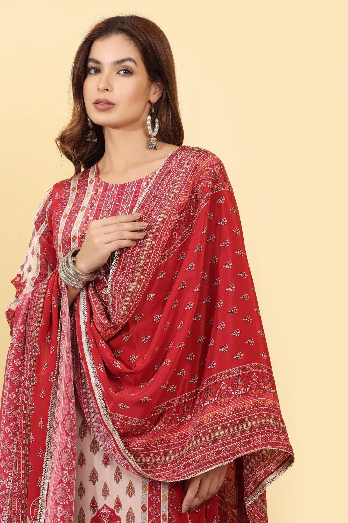 Ruby Pink Printed Silk Blend Straight Suit Set