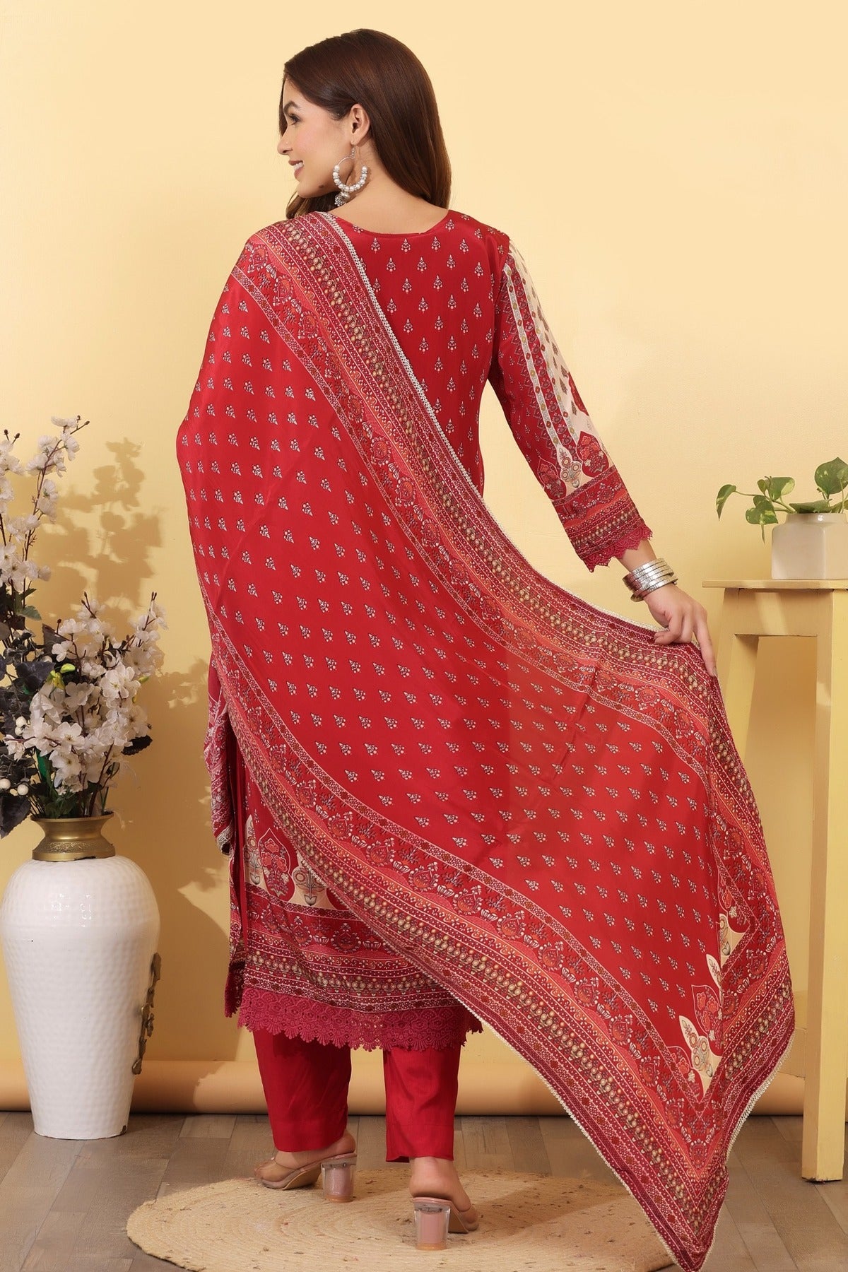 Ruby Pink Printed Silk Blend Straight Suit Set