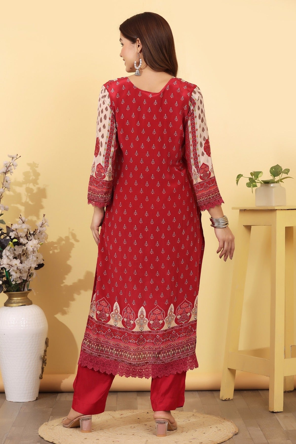 Ruby Pink Printed Silk Blend Straight Suit Set