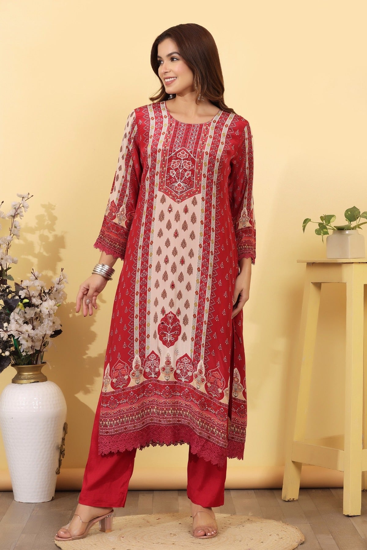 Ruby Pink Printed Silk Blend Straight Suit Set