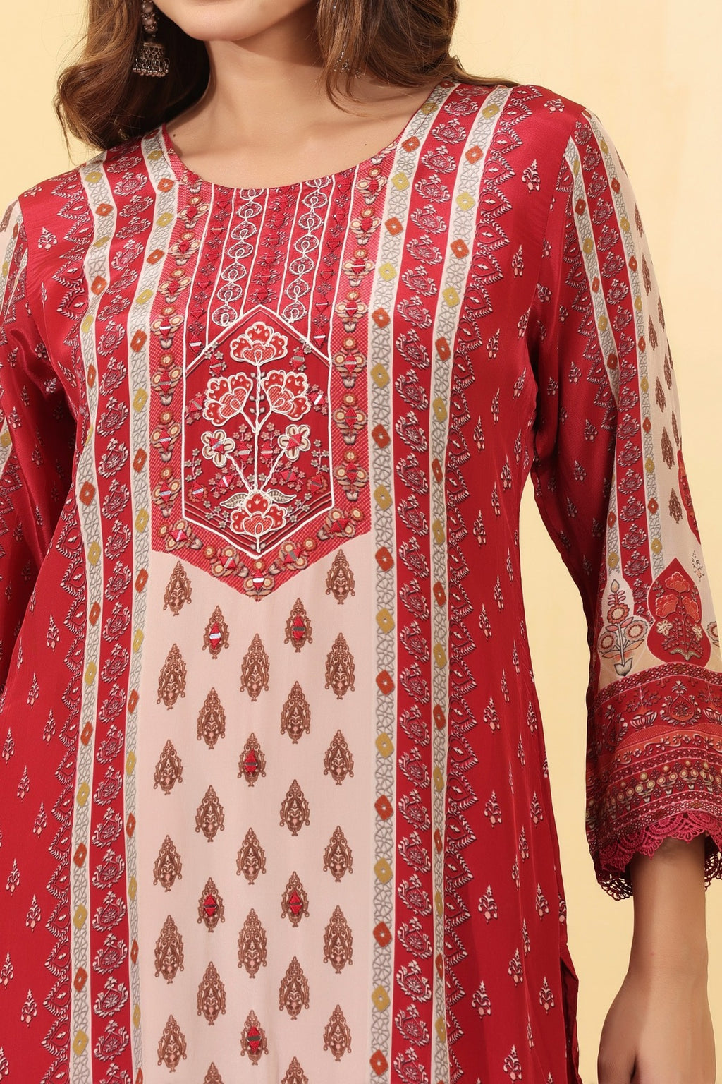 Ruby Pink Printed Silk Blend Straight Suit Set