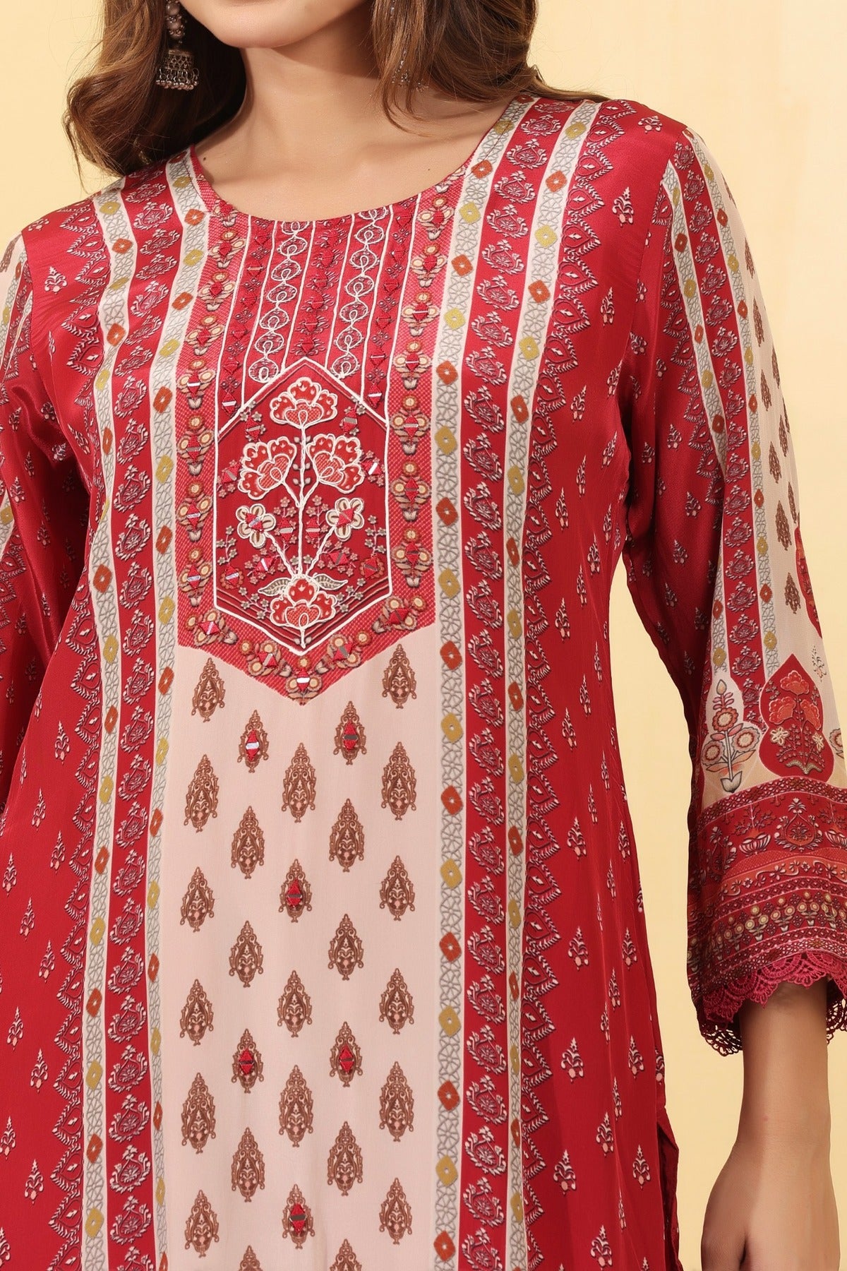 Ruby Pink Printed Silk Blend Straight Suit Set