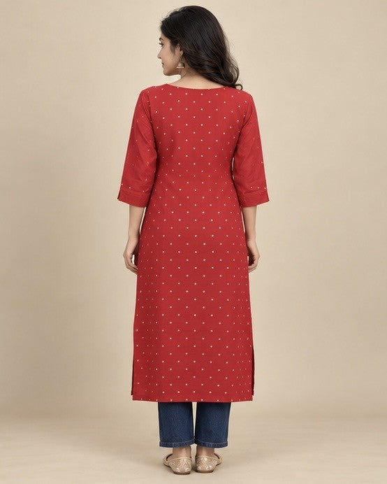 Women’s Red Rayon Straight Kurti with Embellished Neckline