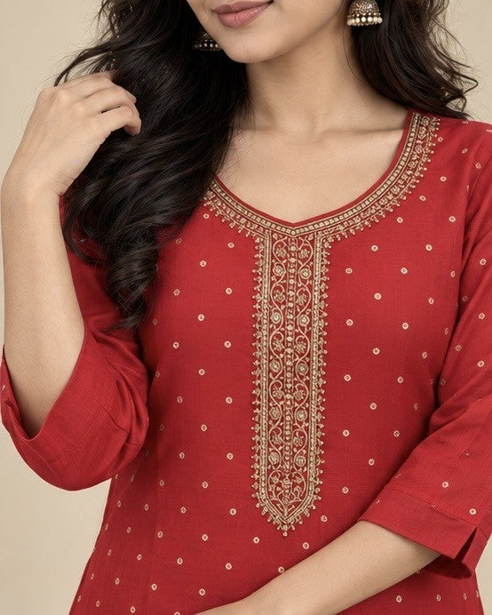 Women’s Red Rayon Straight Kurti with Embellished Neckline