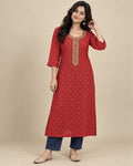 Women’s Red Rayon Straight Kurti with Embellished Neckline