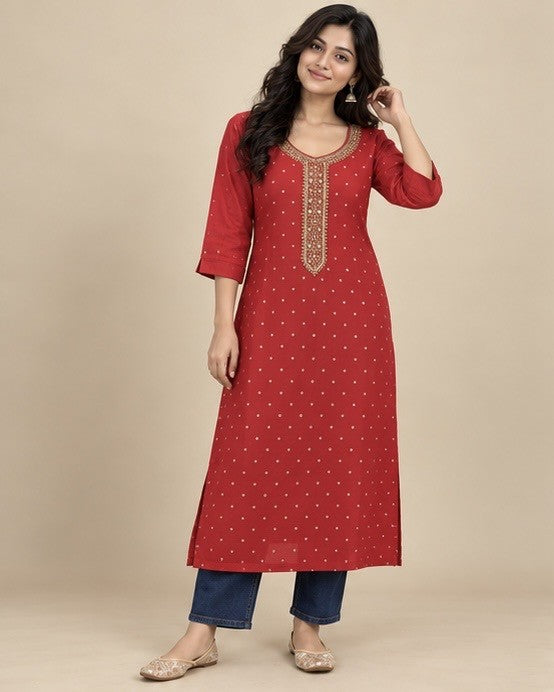 Women’s Red Rayon Straight Kurti with Embellished Neckline