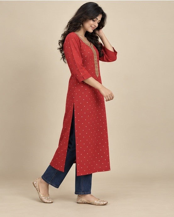 Women’s Red Rayon Straight Kurti with Embellished Neckline