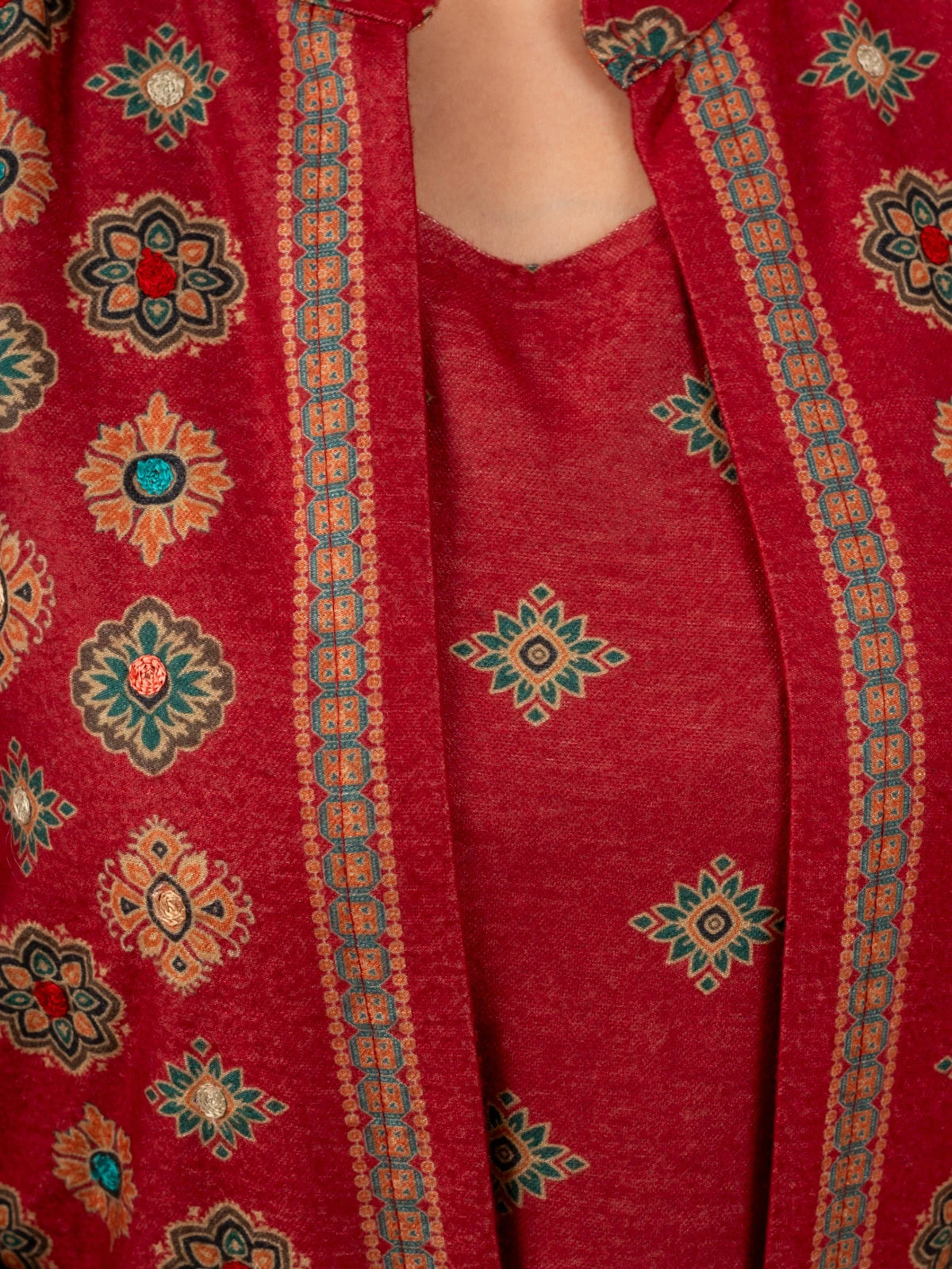 Red Printed Wool Blend Long Jacket Suit Set for Women