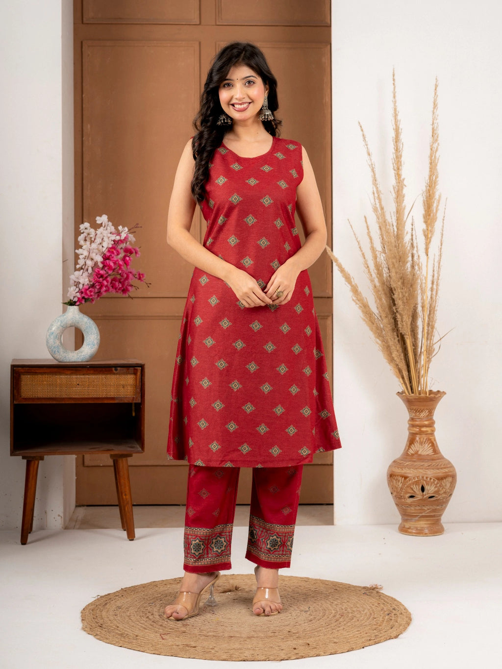 Red Printed Wool Blend Long Jacket Suit Set for Women
