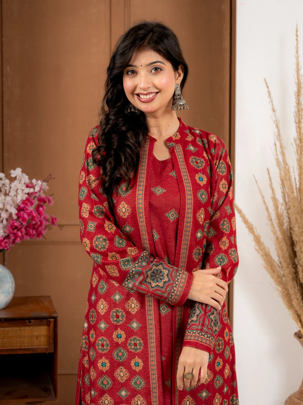Red Printed Wool Blend Long Jacket Suit Set for Women