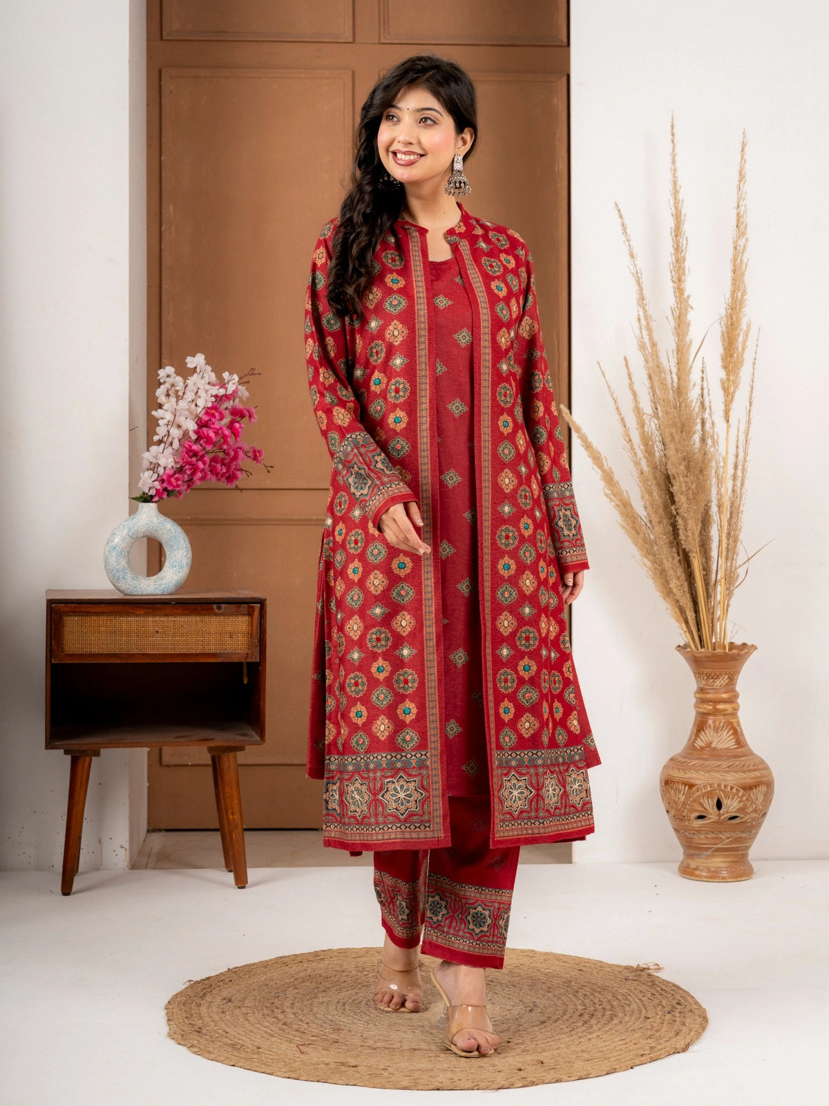 Red Printed Wool Blend Long Jacket Suit Set for Women