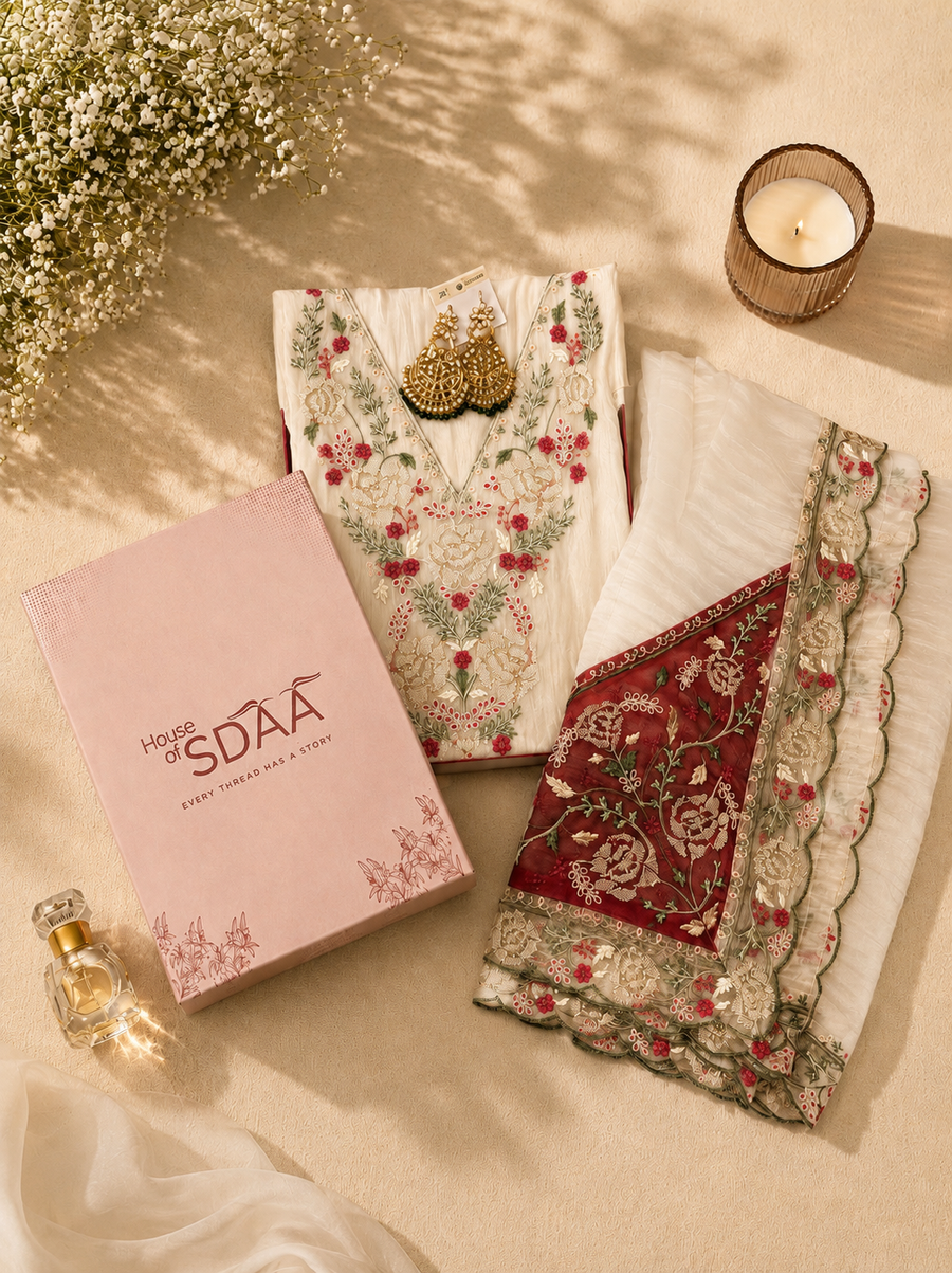 Cream Pink Tissue Silk Unstitched Suit Set